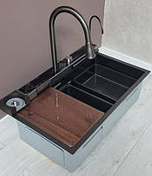 Мийка кухонна чорна з неіржавкої сталі Platinum Handmade 75*45 см "ВодоспадD" + змішувач і кран