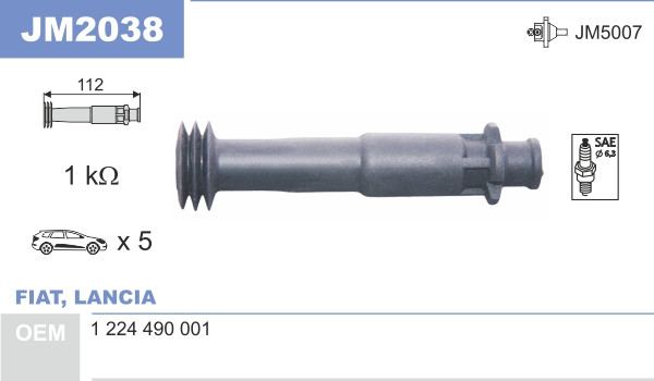Наконечник котушки запалювання JanMor JM2038 для FIAT, LANCIA, 1224490001, EAN 5902925201829