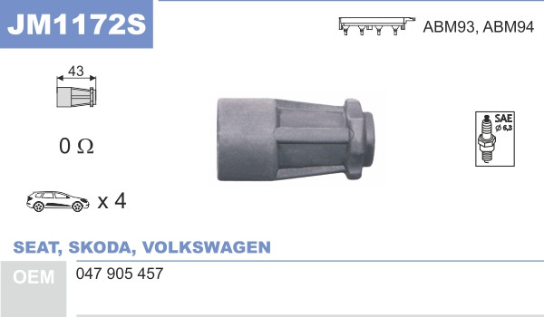 Наконечник котушки запалювання JanMor JM1172S для SEAT, SKODA, VOLKSWAGEN, 047905457, EAN 5902925201522