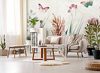 Фотообои для спальни живопись искусство 460x300 см Цветы с яркими бабочками в рисованном стиле (14478P12)
