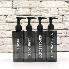 Набір дозаторів для ванної 250 мл "Аврора" чорний пластик (4 шт.) англ.