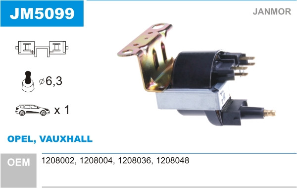 Котушка запалювання Janmor JM5099 для OPEL, VAUXHALL, 1208002, 1208004, 1208036, 1208048, EAN 5902925205261