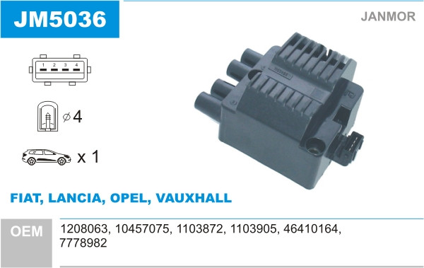 Котушка запалювання Janmor JM5036 для FIAT, LANCIA, OPEL, VAUXHALL, 1208063, 10457075, 1103872, 1103905, 46410164, 7778982, EAN