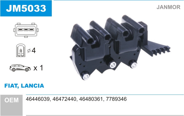 Котушка запалювання Janmor JM5033 для FIAT, LANCIA, 46446039, 46472440, 46480361, 7789346, EAN 5902925204608