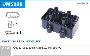 Котушка запалювання Janmor JM5028 для DACIA, NISSAN, RENAULT, 7700274008, 6001543604, 22448-00QAC, EAN 5902925204554