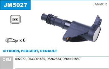 Котушка запалювання Janmor JM5027 для CITROEN, PEUGEOT, RENAULT, 597077, 9633001580, 96362683, 9664401880, EAN 5902925204547