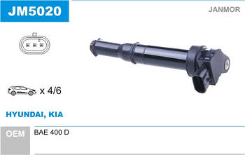 Котушка запалювання Janmor JM5020 для HYUNDAI, KIA, BAE 400 D, EAN 5902925204479