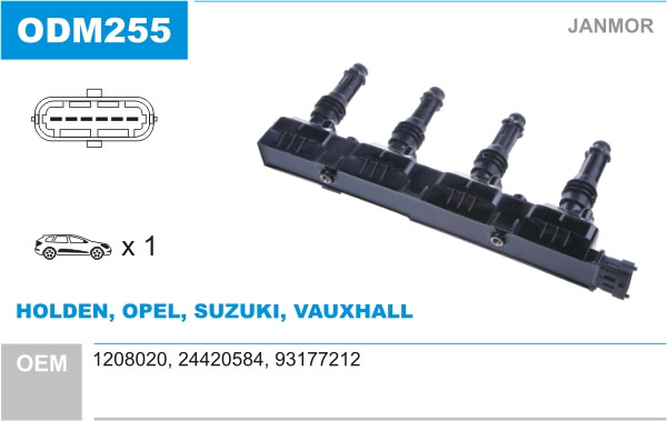 Котушка запалювання Janmor ODM255 для HOLDEN, OPEL, SUZUKI, VAUXHALL, 1208020, 24420584, 93177212, EAN 5902925000583