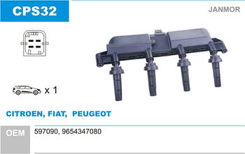 Котушка запалювання Janmor CPS32 для FIAT, CITROEN, PEUGEOT, 597090, 9654347080, EAN 5902925002716