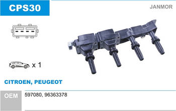 Котушка запалювання Janmor CPS30 для CITROEN, PEUGEOT, 597080, 96363378, EAN 5902925002693