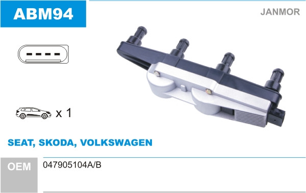 Котушка запалювання Janmor ABM94 для SEAT, SKODA, VOLKSWAGEN, 047905104A/B, EAN 5902925021120
