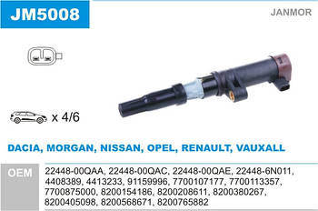 Котушка запалювання Janmor JM5008 для DACIA, MORGAN, NISSAN, OPEL, RENAULT, VAUXALL, 22448-00QAA, 22448-00QAC, 22448-00QAE,