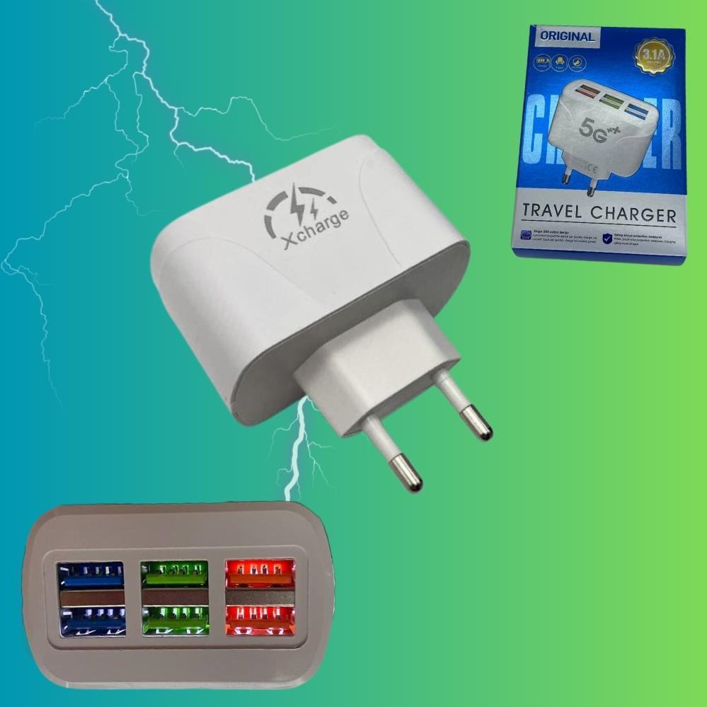 Мережевий адаптер живлення TRAVEL CHARGER швидка зарядка з підсвічуванням 3.1А на 6 usb, фото 1