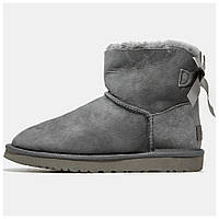 Женские зимние UGG Classic Mini Bailey Bow Grey, серые замшевые угги классик мини с бантом ботинки уги зима