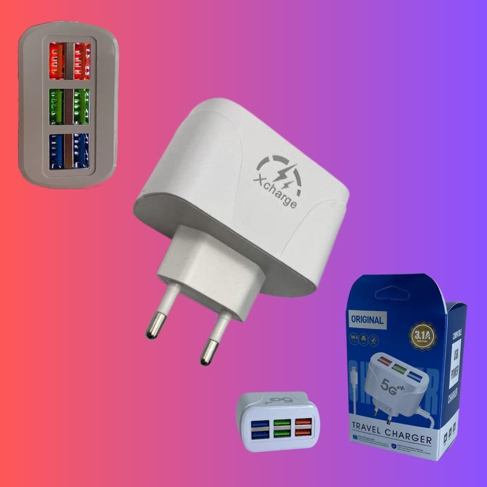 Адаптер живлення TRAVEL CHARGER мережевий 3.1А швидка зарядка на 6 usb з підсвічуванням, фото 1
