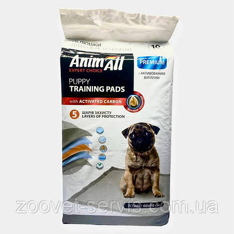 Пелюшки AnimAll Puppy Training Pads для собак і цуценят з п’ятишаровим захистом і активованим вугіллям 60×90 см, 10 шт, фото 1
