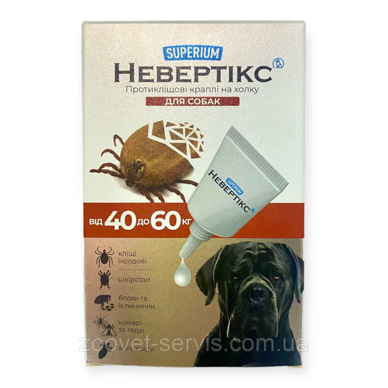 Суперіум Невертікс Superium краплі для собак більше 40 кг від кліщів, бліх, комарів, мошок, мокреців, москітів, ґедзів і мух, фото 1