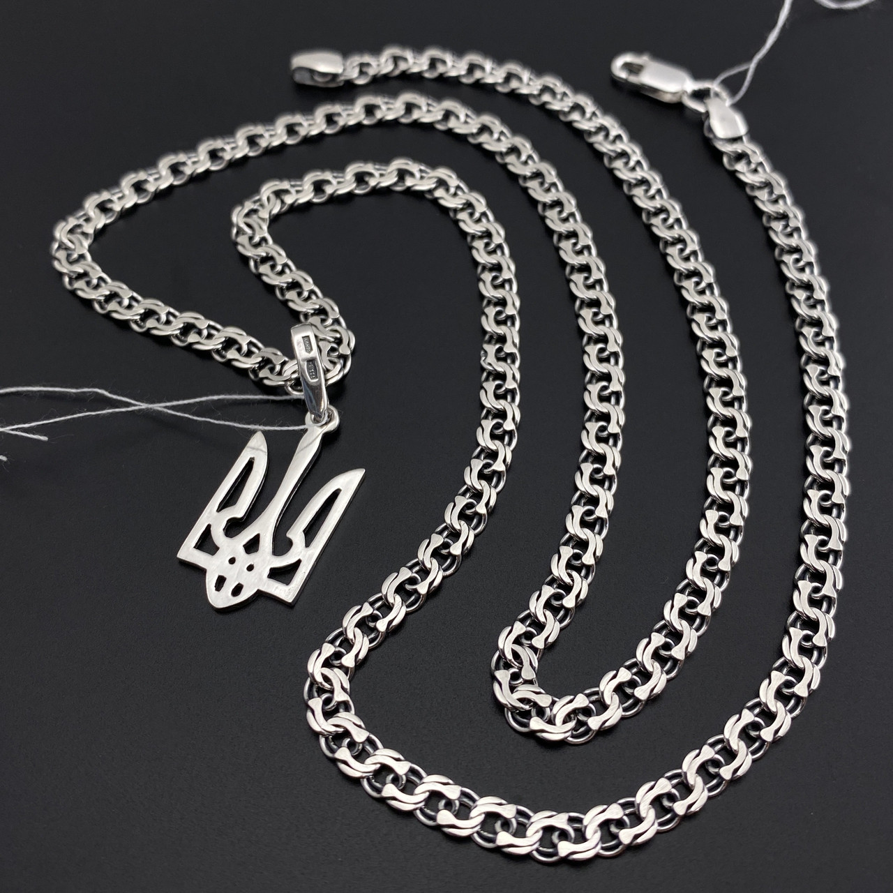 СРІБНИЙ ЛАНЦЮЖОК ЧОЛОВІЧИЙ З ПІДВІСКА ГЕРБ. ЧОЛОВІЧИЙ КУЛОН ТРИЗУБ І ЦЕПОЧКА НА ШИЮ. СРІБЛО 925 70 см, фото 1