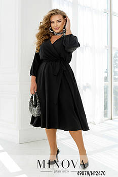 Однотона жіноча чорна сукня міді на запах з 3/4 рукавами на гумці з поясом в комплекті з 46 по 68 розмір