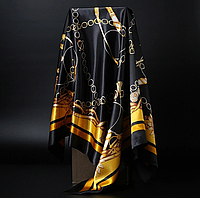 Женский платок черный золотой, легкий шарф, шелковый платок на голову, косынка, платок на шею, 90 см