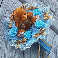 Голубой букет с плюшевым мишкой , мягкие игрушки подарок девушке женщине или ребёнку