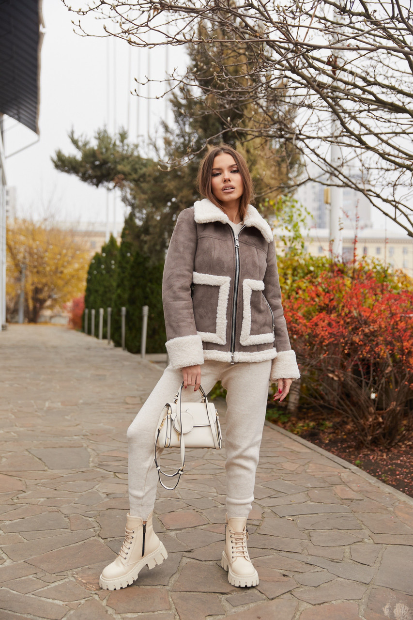 Гарна зимова укорочена дублянка оздоблена еко хутром тедді, фото 1