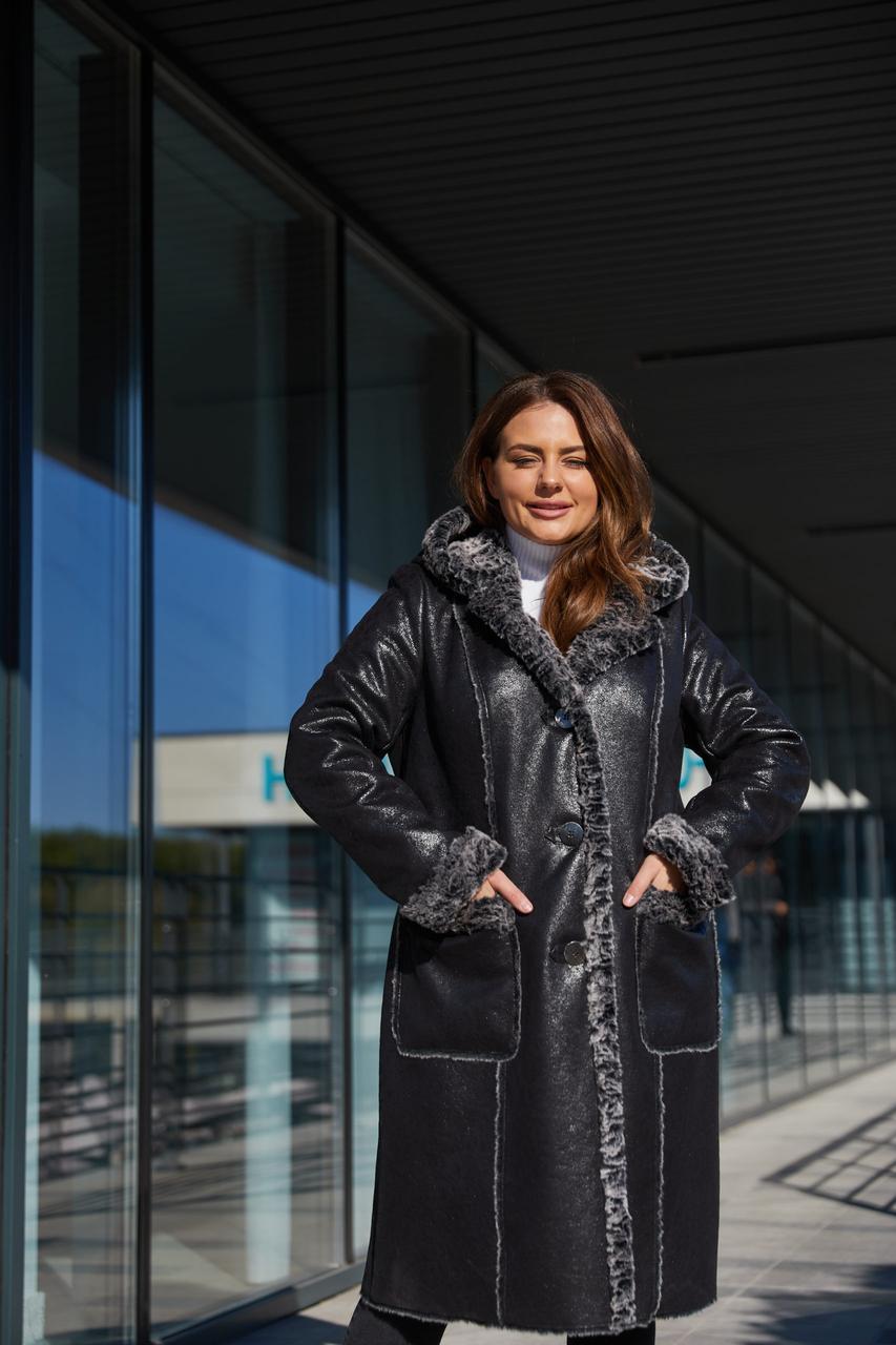 Гарна зимова дублянка пальто з капюшоном та манжетами зі штучного хутра, фото 1