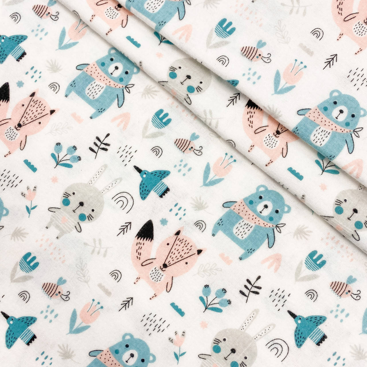 

Фланель "Мишки, лисички с косынкой мятно-пудровые" 160см, Разные цвета