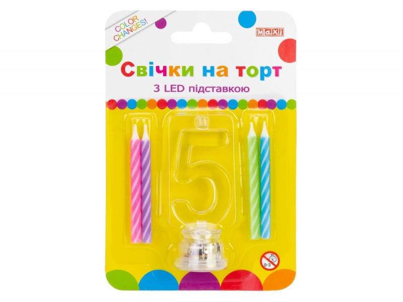 

Набор 4 свечки на торт с LED подставкой "5" . что светится МХ 701007-5