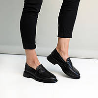 Лоферы женские туфли кожаные качество премиум массивная танкетка ровный ход черные