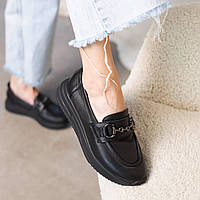 Лоферы женские туфли кожаные качество премиум массивная танкетка черные