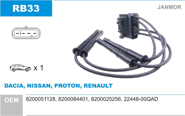 Котушка запалювання Janmor RB33 для RENAULT, NISSAN, PROTON, DACIA, 8200051128, 8200084401, 8200025256, 22448-00QAD, EAN, фото 1