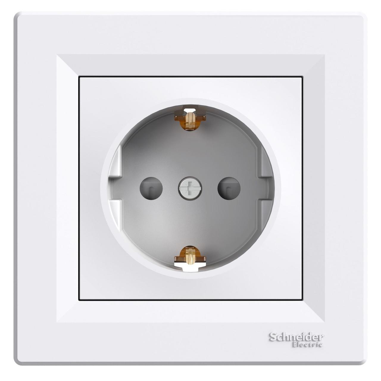 Розетка із заземлюючим контактом із захисними шторками Schneider Electric Asfora біла, фото 1
