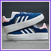 Кроссовки женские и мужские Adidas Gazelle Bold Blue White Pink / кеды Адидас Газель болд синие белые розовые