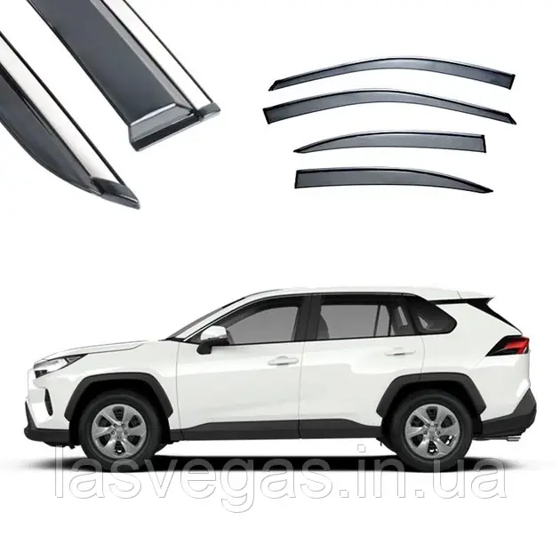 Дефлектори вікон із хром молдингом, вітровики Toyota Rav-4 2019- (неірж смуга)