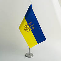 Флажок Украины с гербом в золотом цвете двухсторонний 12х24 см. Набор флаг с металлическим держателем