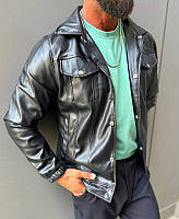 Чоловіча куртка зі шкірозамінника прямого крою з кишенями (Розміри S,M,L,Xl), Чорна