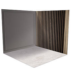 Фон вініловий 3D кутовий, стіна з панеллю і рейками, підлога дерево і світлий мармур, 50×50 см, №58265