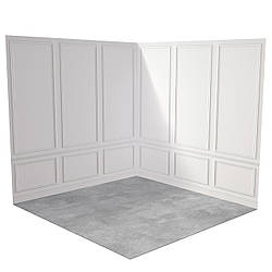 Фон вініловий 3D, біла класична панельна стіна, підлога світлий бетон і білий мармур, 50×50 см, №58290