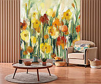 Фотообои живопись искусство в интерьере 368x280 см Желтые и красные цветы в рисованном стиле (14489P10) +клей
