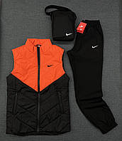Комплект Nike жовтогарячий Жилетка + Штани + Барсетка, Демісезонний костюм плащівка Найк із жилеткою осінь-весна