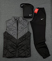 Комплект Nike серый с черным Жилетка +Штаны+Барсетка ,Демисезонный костюм плащевка Найк с жилеткой осень niki