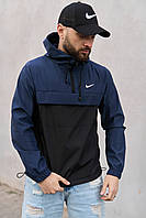 Мужской темно-синий анорак Nike из плащевки осень-весна , Демисезонная куртка-анорак синяя Найк ветрозащ niki