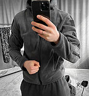 Чоловіча куртка темно-сіра на флісі осінка весняна, Демісезонна сіра куртка з флісу з капюшоном