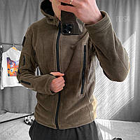 Чоловіча куртка кольору хакі на флісі осінка весняна, Демісезонна хакі куртка з флісу з капюшоном