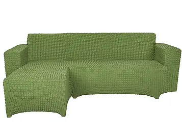 Чохол на кутовий диван з правим виступом (отоманкою), натяжний, жатка-креш, універсальний, колір оливковий