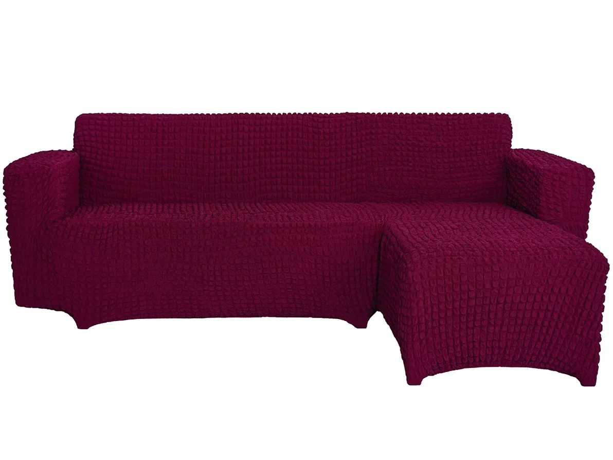 Чохол на кутовий диван з лівим виступом (отоманкою), натяжний, жатка-креш, універсальний, бордовий