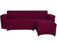 Чехол на угловой диван с левым выступом (оттоманкой), натяжной, жатка-креш, универсальный, бордовый
