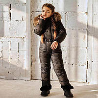 Дитячий зимовий комбінезон з натуральною опушкою в чорному кольорі для дівчинки 104 см.