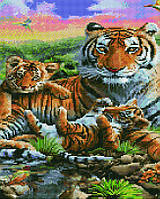 Картина мозаика Никитошка Семья тигров (GJ6193) 40 х 50 см (На подрамнике)